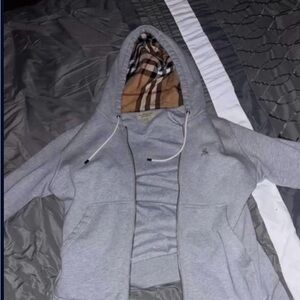 Burberry Gray Hoodie with Tan Plaid Lining